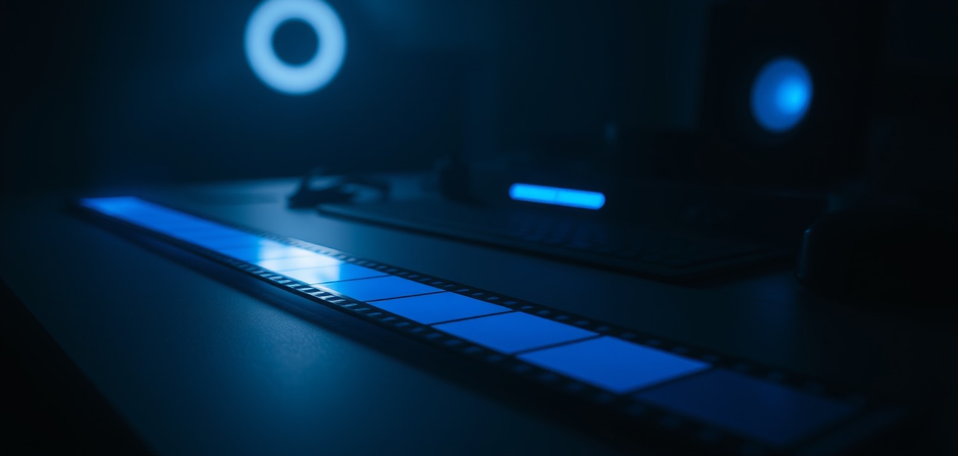 A strip of film glowing blue on a dark editing desk at night.
