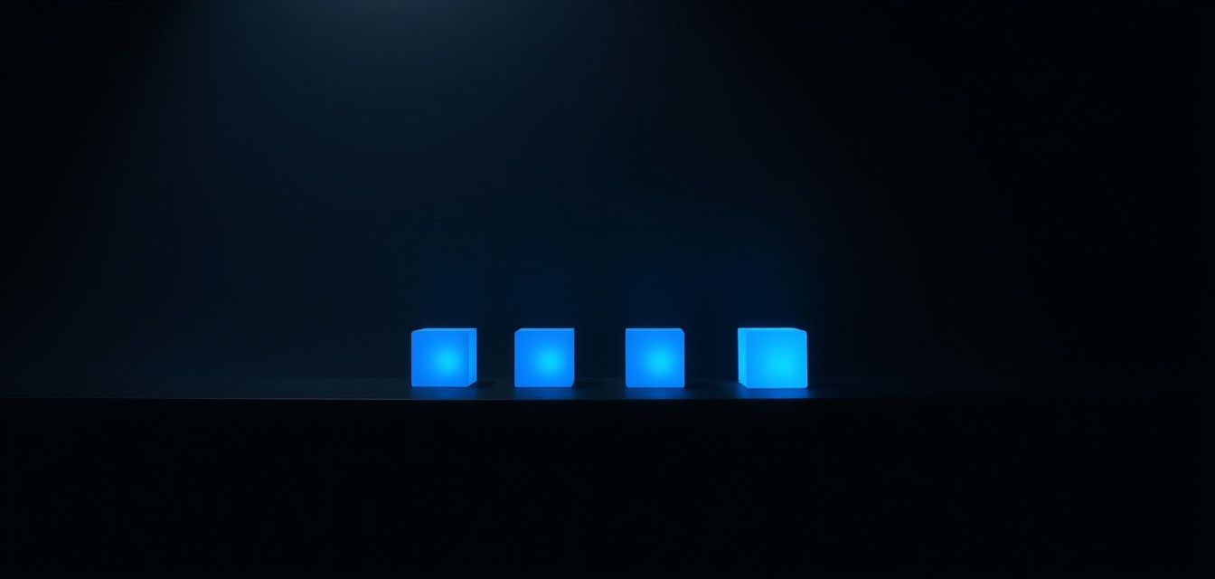 Four small glowing blue blocks lined up on a dark shelf.