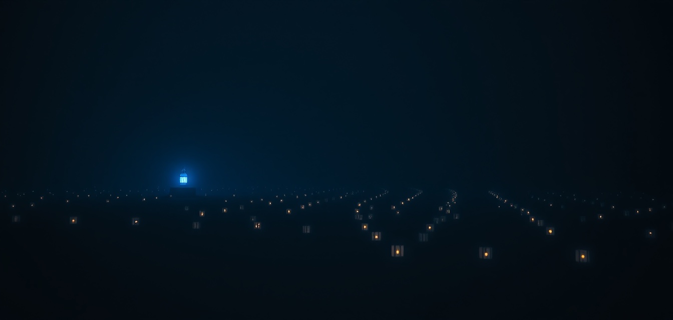 A dark field of dim lanterns at night, one glowing blue.