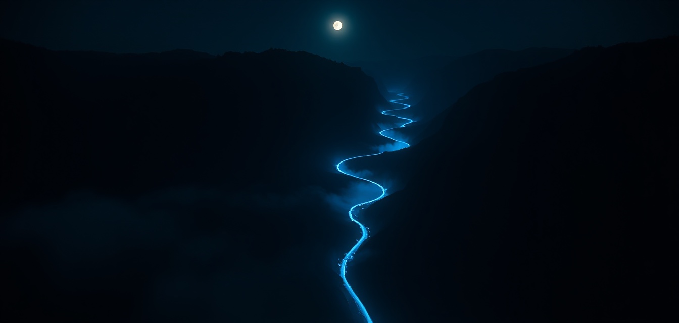 A luminous blue river winding through a dark valley under the moon.