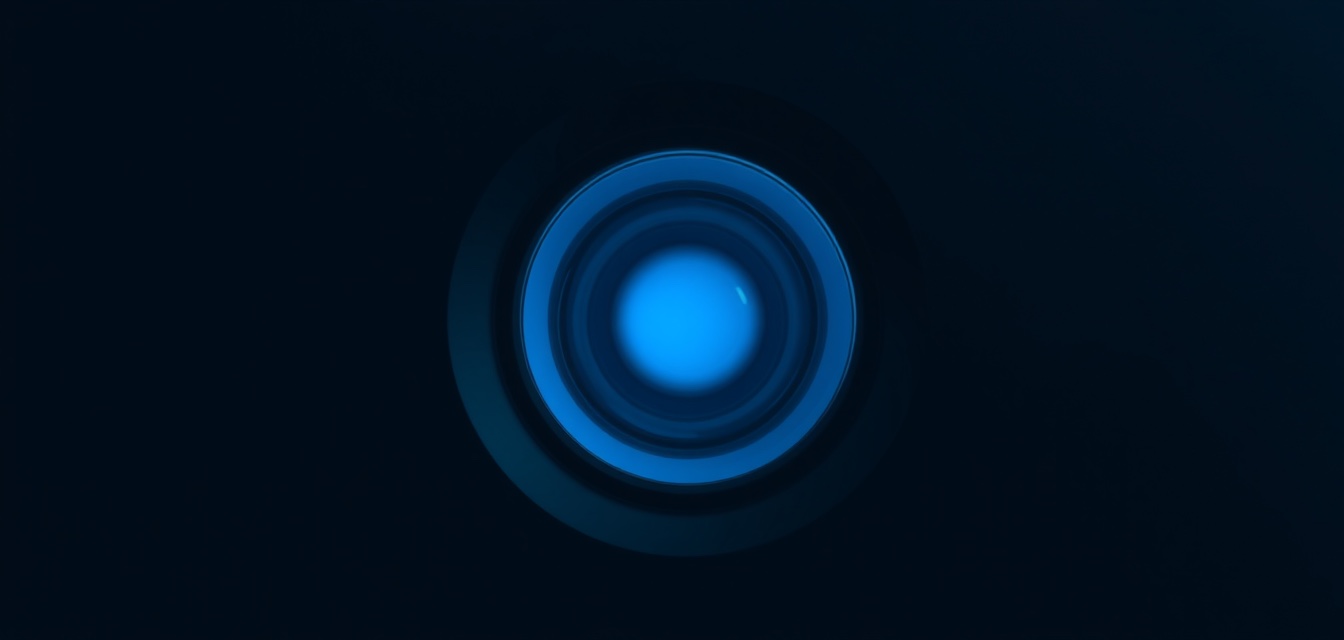 A single round blue machine lens glowing in a dark panel.