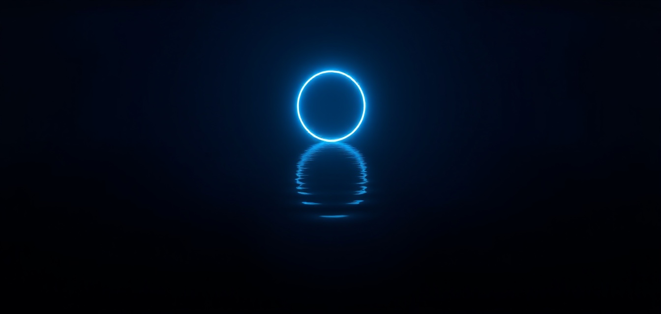 A glowing blue ring floating over still dark water, reflected below.