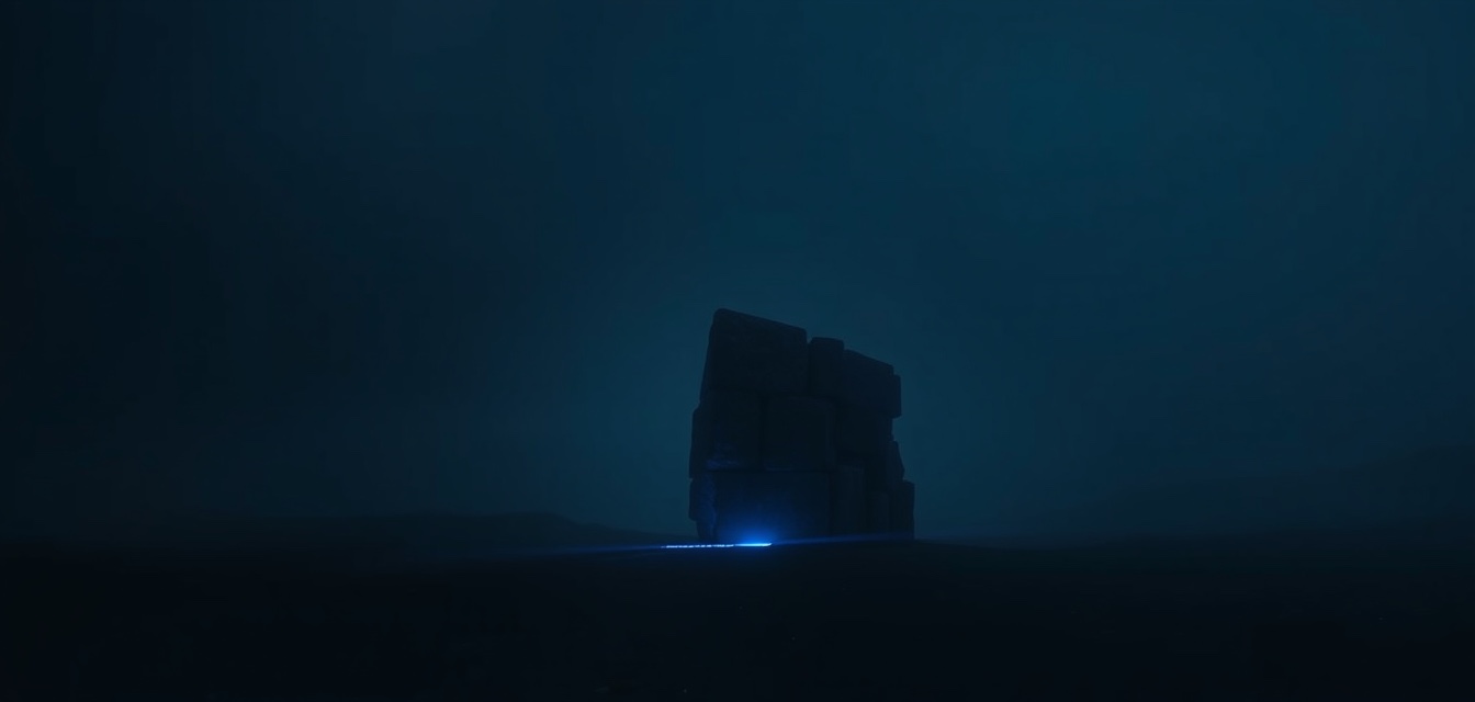 A lone dark monolith on a misty plain, blue light at its base.