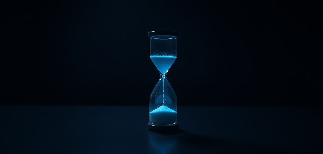 An hourglass on a dark table with softly glowing blue sand.