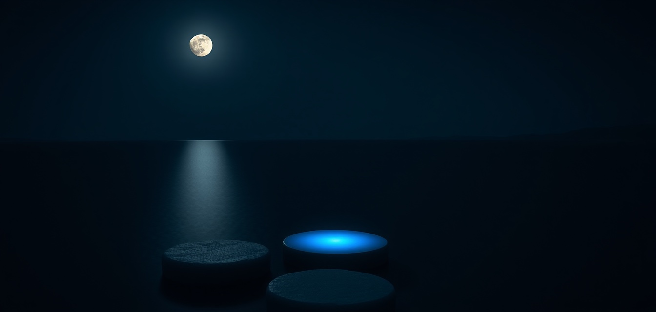 Three stepping stones in dark water under the moon, one lit blue.