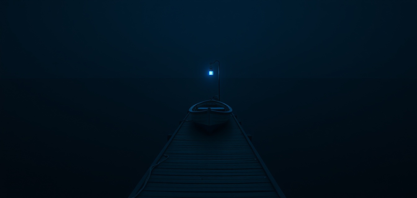 A small boat moored at a dark pier under a single blue lantern.