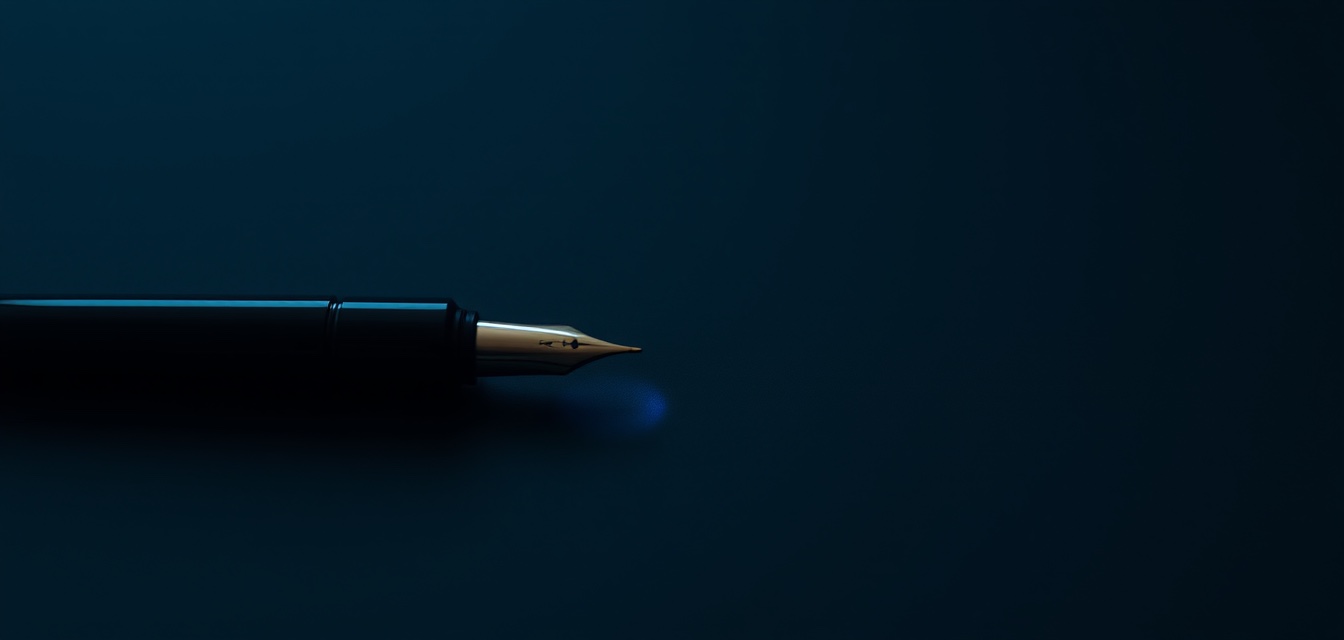 A fountain pen on a dark surface, a soft blue glow beneath the nib.