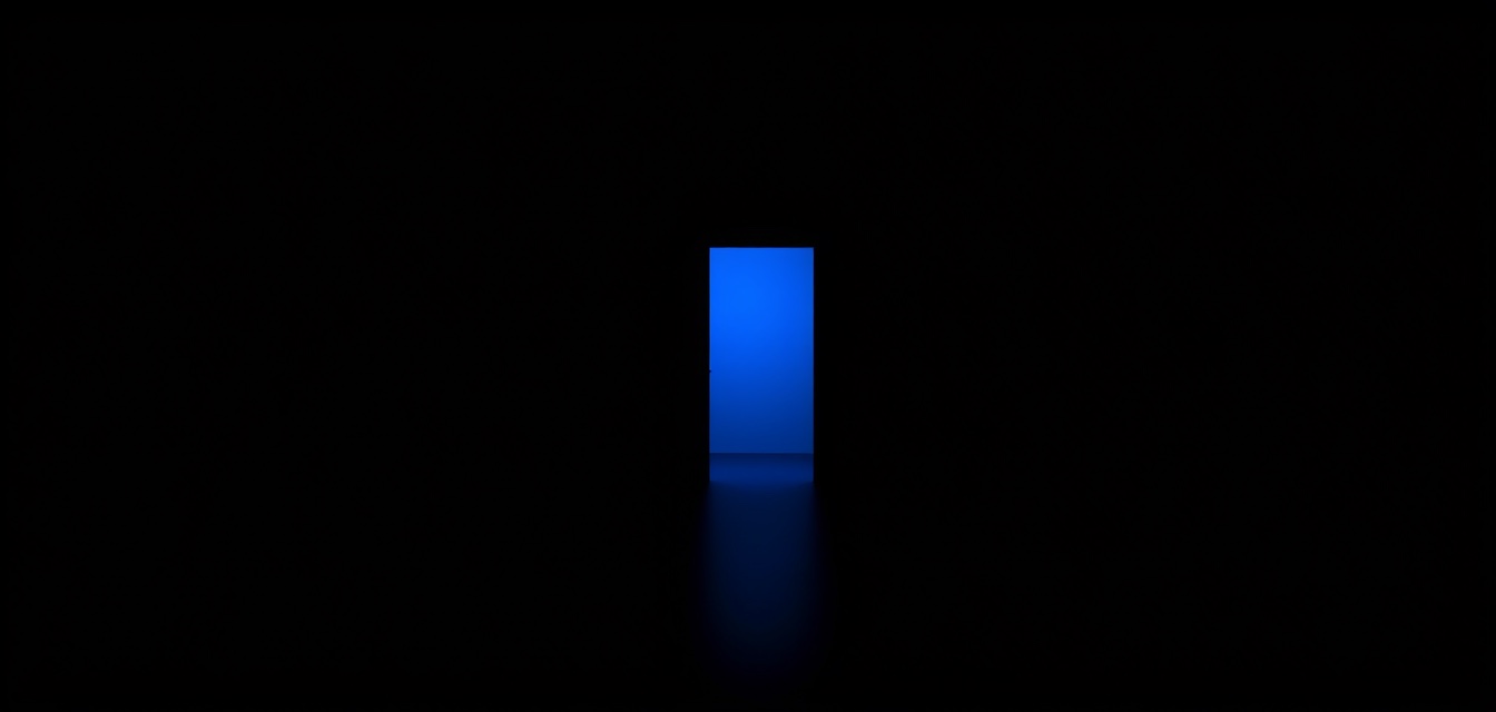 A dark empty room with one doorway glowing blue.