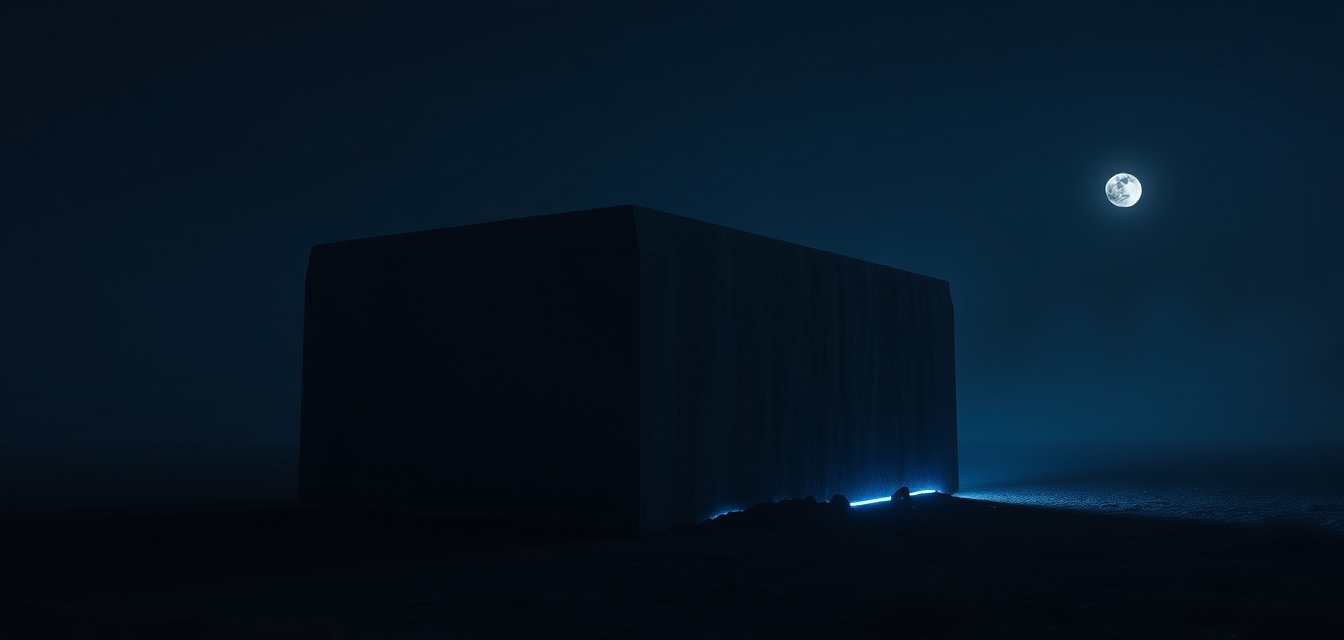 A massive stone block on a dark plain under the moon, a thin blue light along its base.