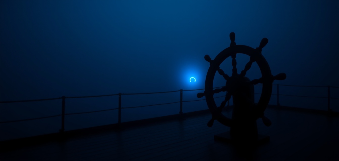 An unattended ship's wheel on a foggy dark deck, a blue light beyond the rail.