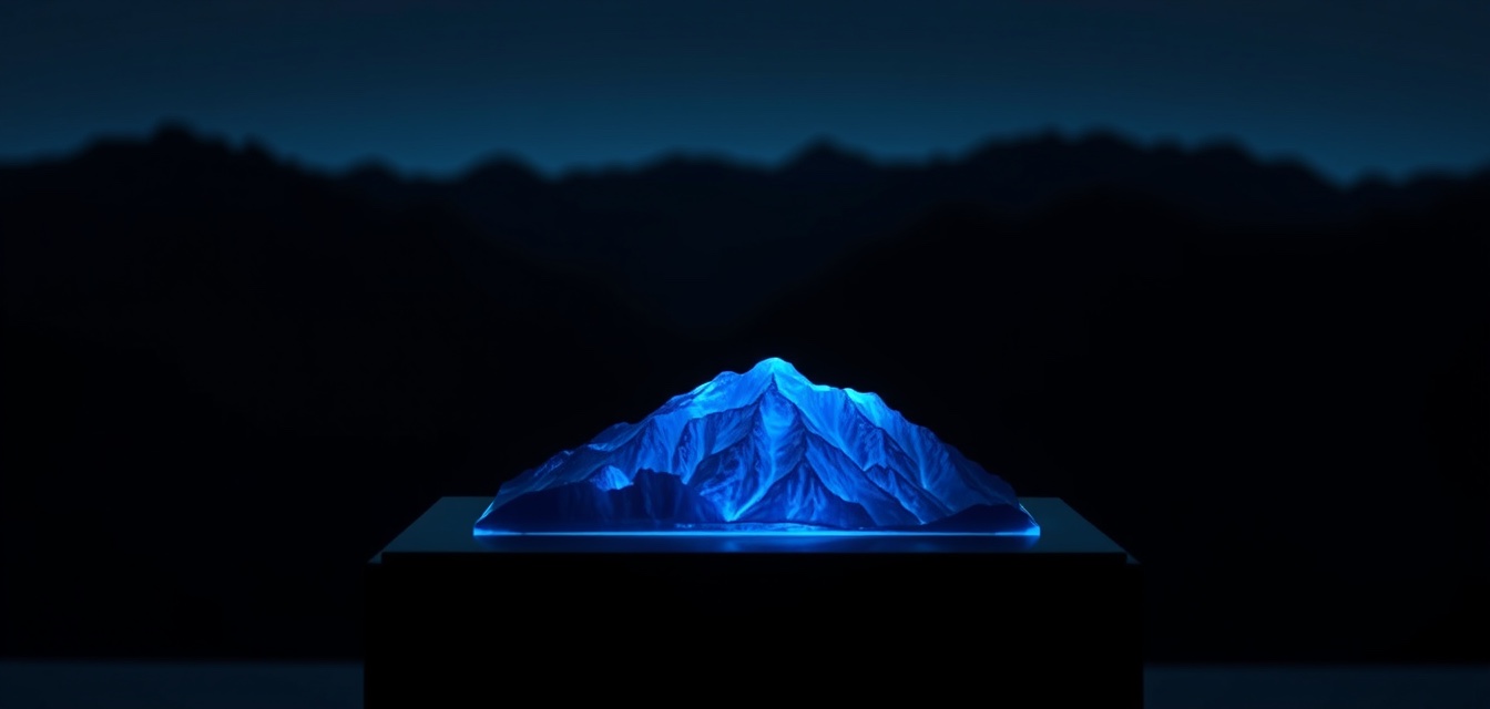 A glowing blue model mountain on a plinth in front of the real dark mountains.
