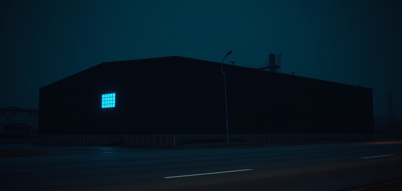 A dark industrial building at night with one window lit blue.