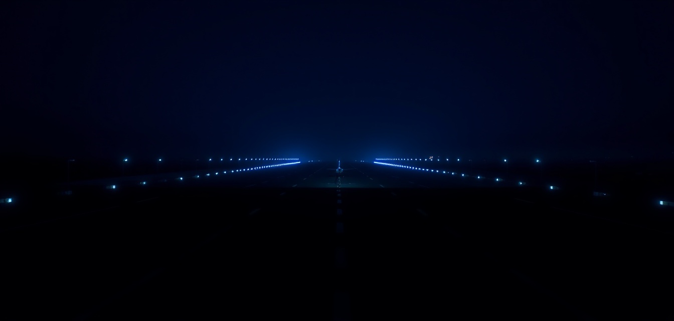 A dark runway at night lined with blue lights, an aircraft on the centerline.