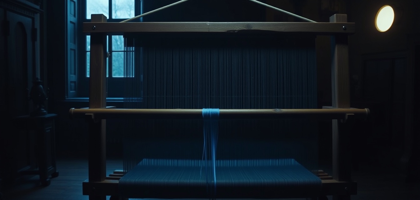 A wooden weaving loom in a dim hall, one blue thread running through the dark warp.