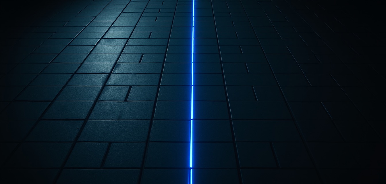 a single glowing blue line running straight through a dark grid of stone tiles