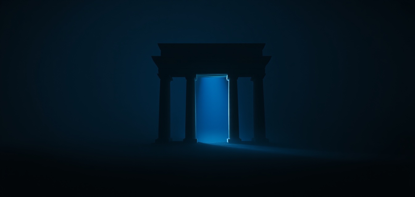 A lone stone gate on a dark misty plain, cold blue light glowing through its opening.