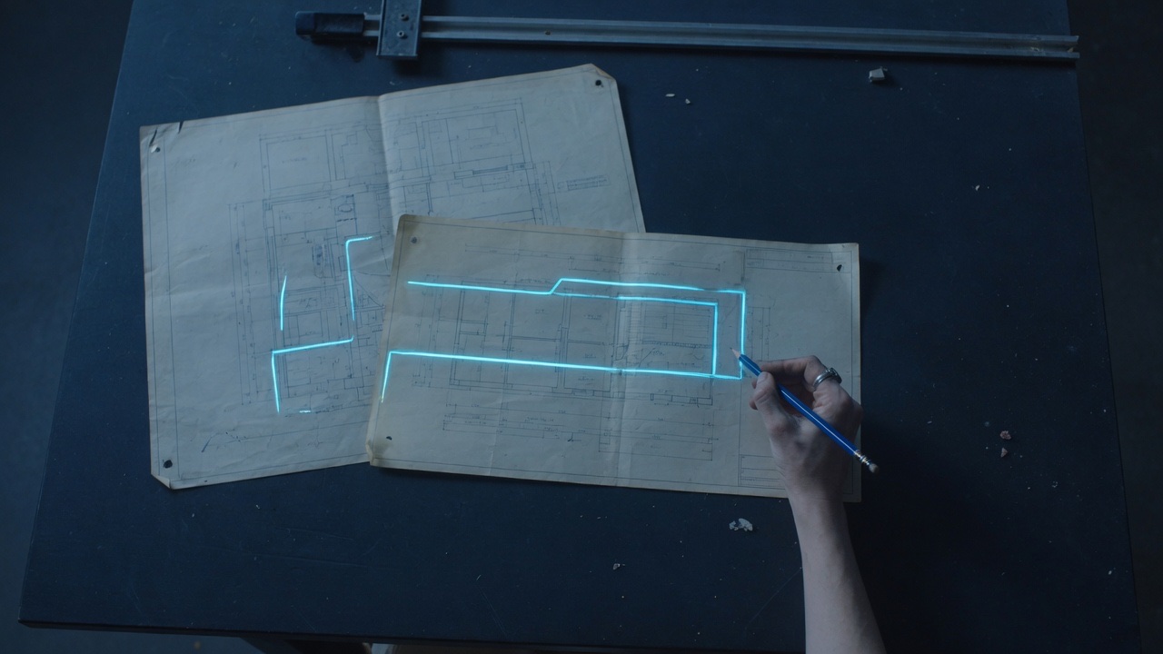 A hand retracing an old blueprint, the second pass of lines glowing blue.