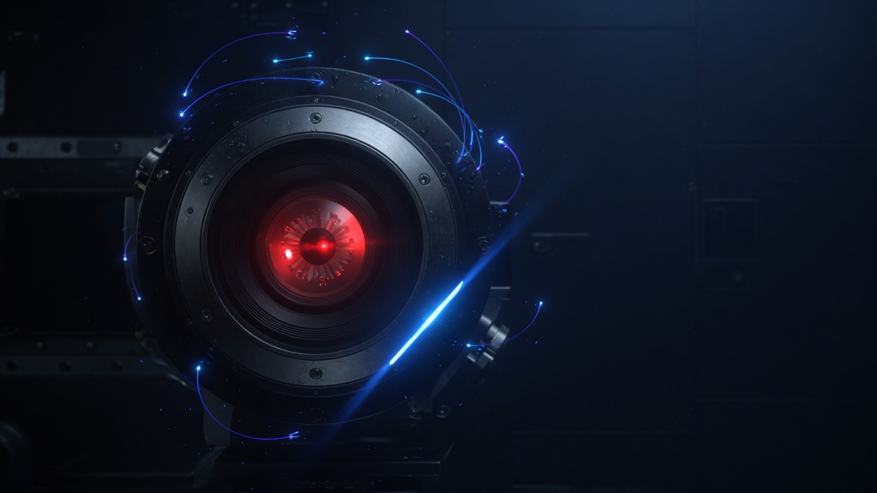 A red machine eye in the dark, ringed by trails of blue light as it wakes.