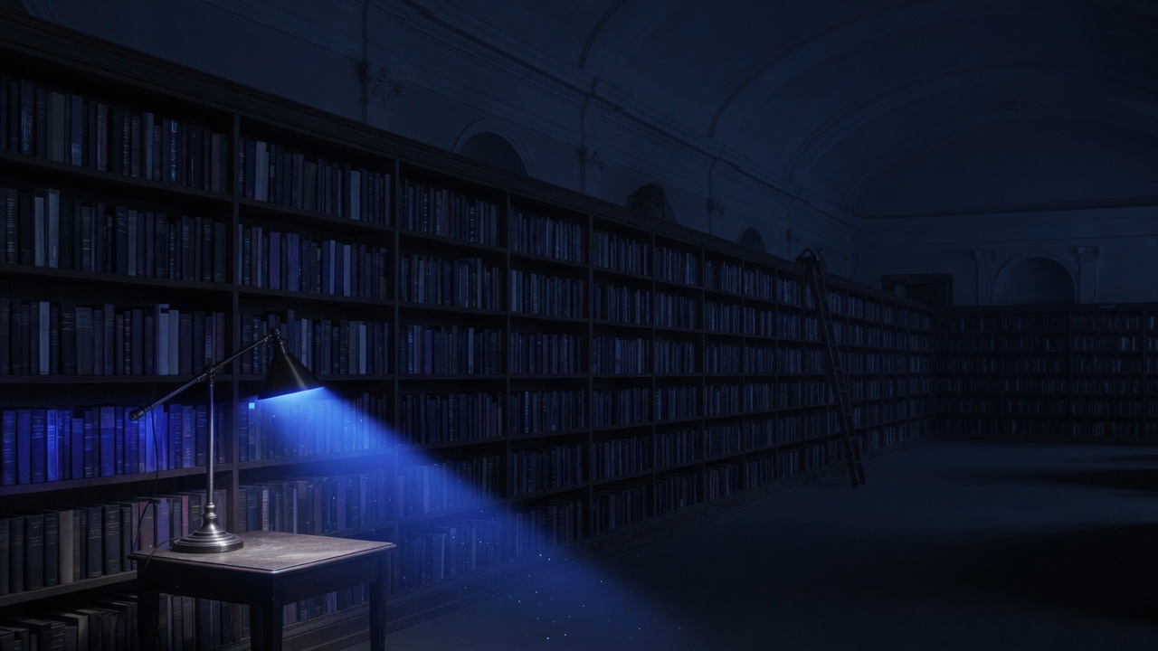 A dark library with every shelf full, one lamp casting blue light along the rows.