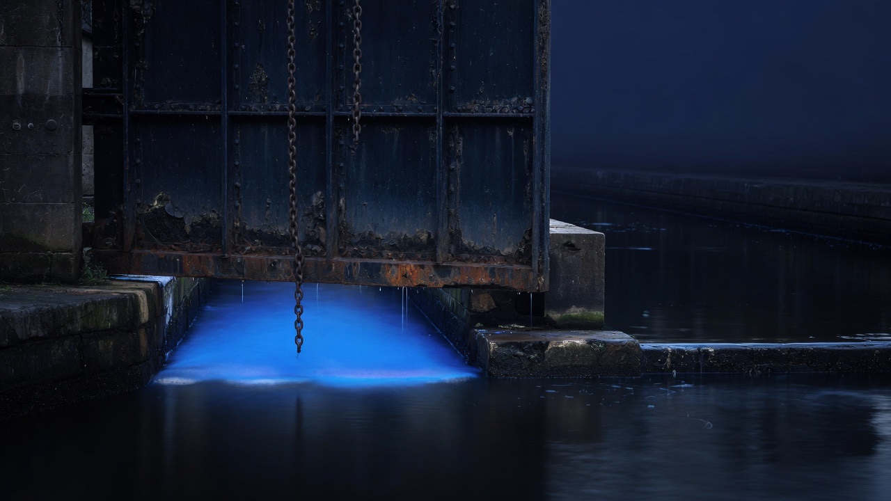 An iron sluice gate lifting over a dark canal, blue water starting to flow beneath it.