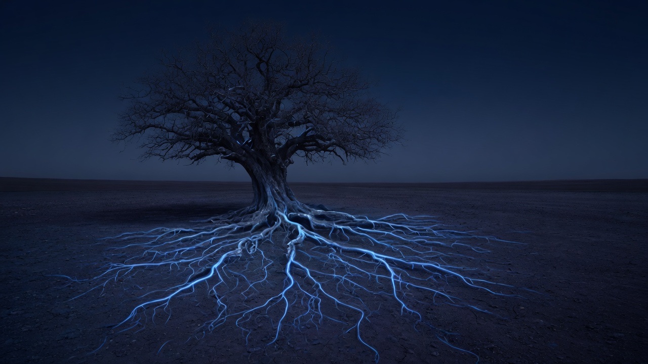 A lone tree on a dark plain, its whole root system traced in glowing blue.