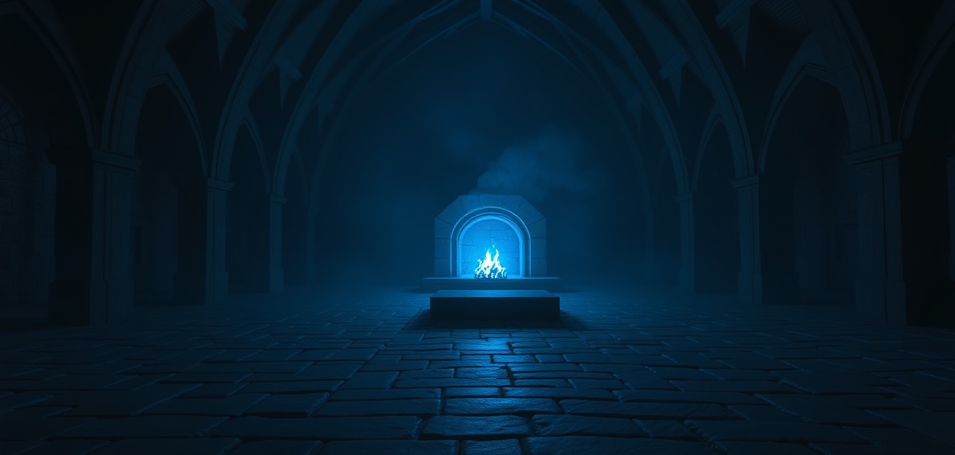 A single great stone hearth glowing blue in a dark vaulted hall, many paths leading into it.