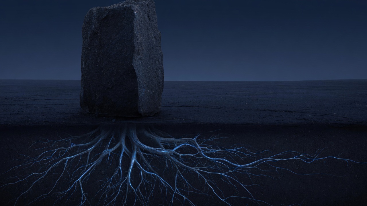 A single granite monolith alone on a dark plain, one root system traced in faint luminous blue beneath the ground.