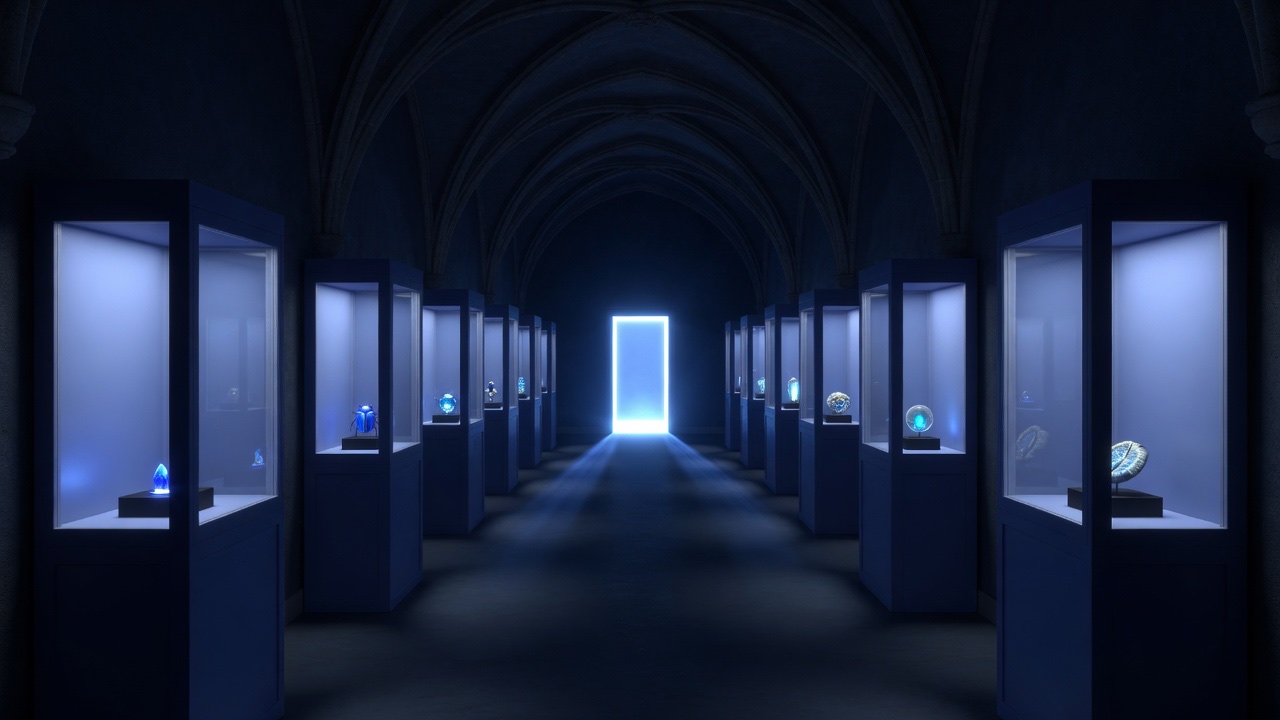 A dark vaulted gallery lined with lit glass display cases, each holding one small glowing object, a doorway of blue light at the end.