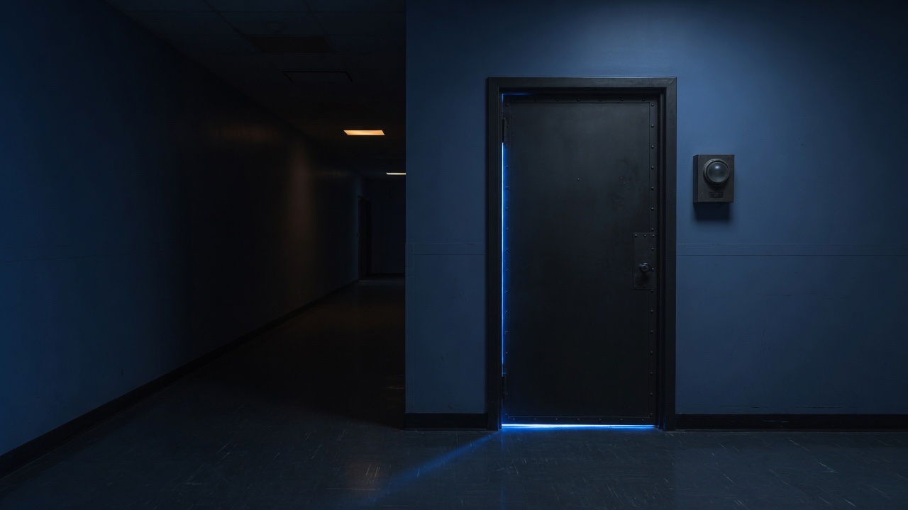 A single dark steel door at the end of a long dim corridor, one small unlit indicator lamp beside it, and a faint blue seam of light along its edge.