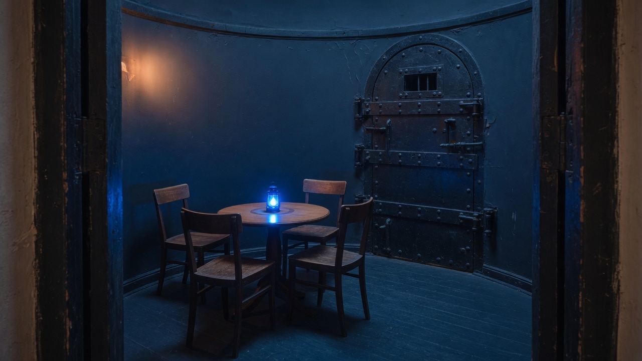 A small warmly lit circular room with three empty chairs around a low table, seen from the doorway, and a heavy iron door bolted shut in the far wall.