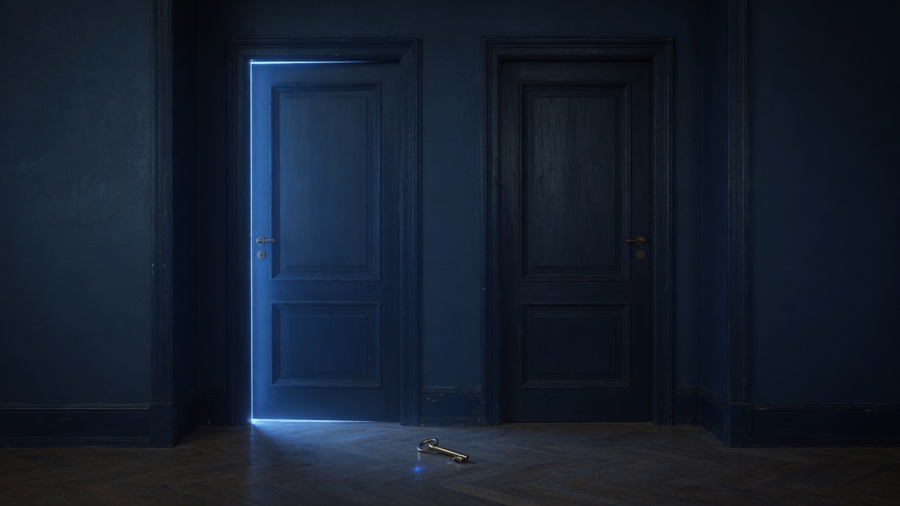 A quiet doorway where two identical doors stand side by side, one lit soft blue and one dark, with a small brass key resting untouched on the floor between them.