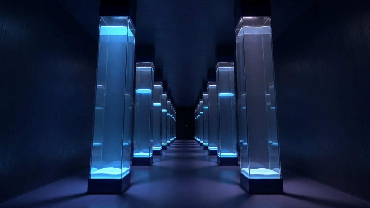 A long dark corridor lined with tall glowing glass columns, blue sand settling at different levels in each, like hourglasses.