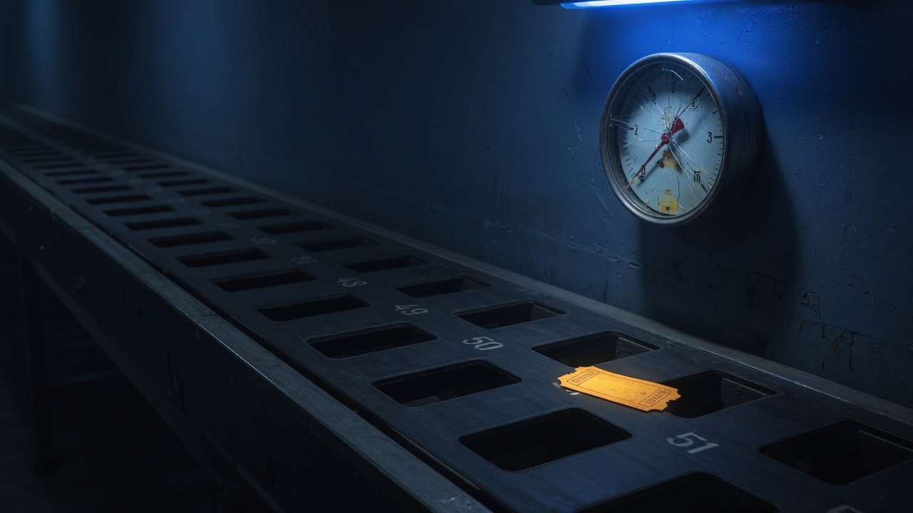 A long dark conveyor of empty numbered slots receding into the distance, one small amber ticket resting alone at the front edge, and a cracked glass pressure gauge on the wall behind it reading zero.