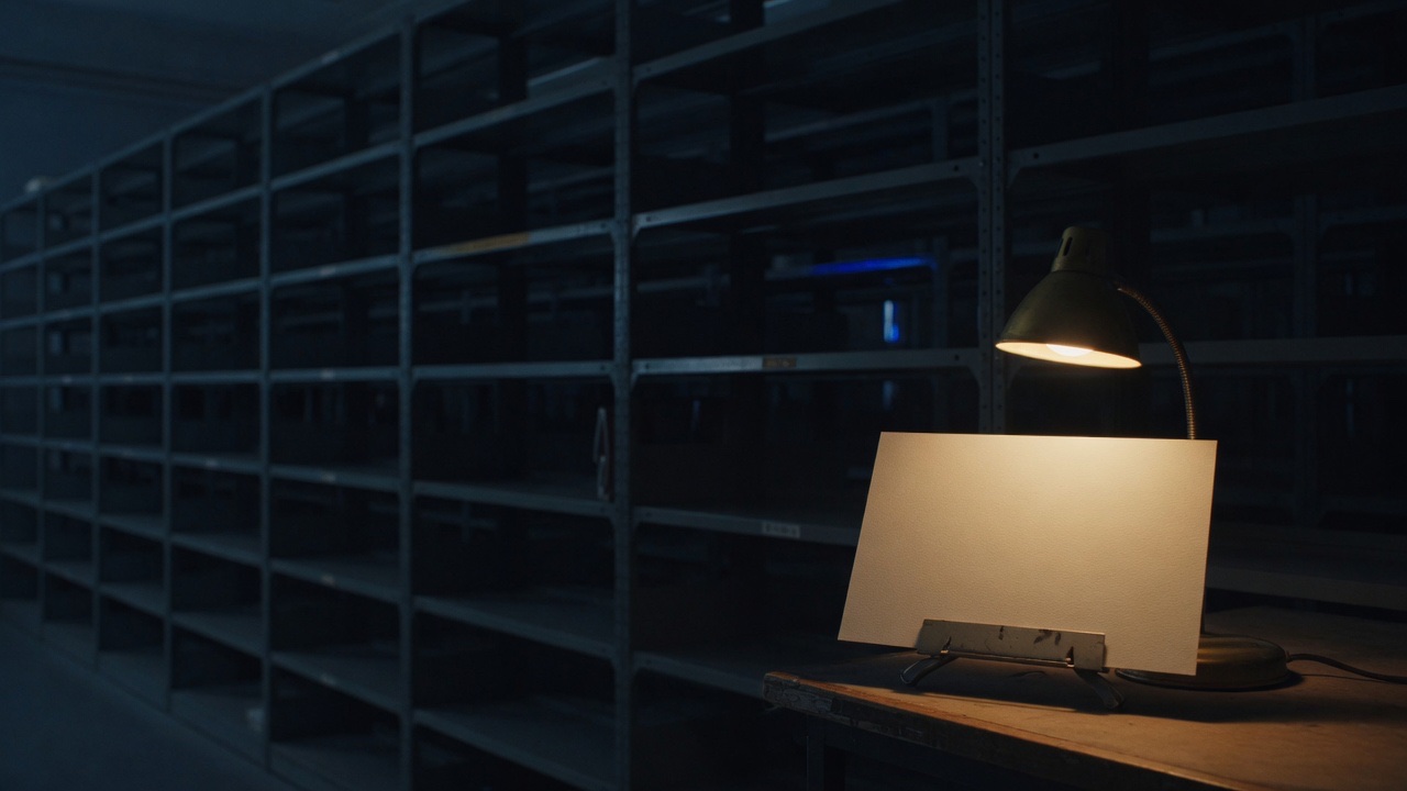A single index card standing under a small lamp in a vast dark archive, its face glowing pale amber while rows of empty shelves disappear into shadow.