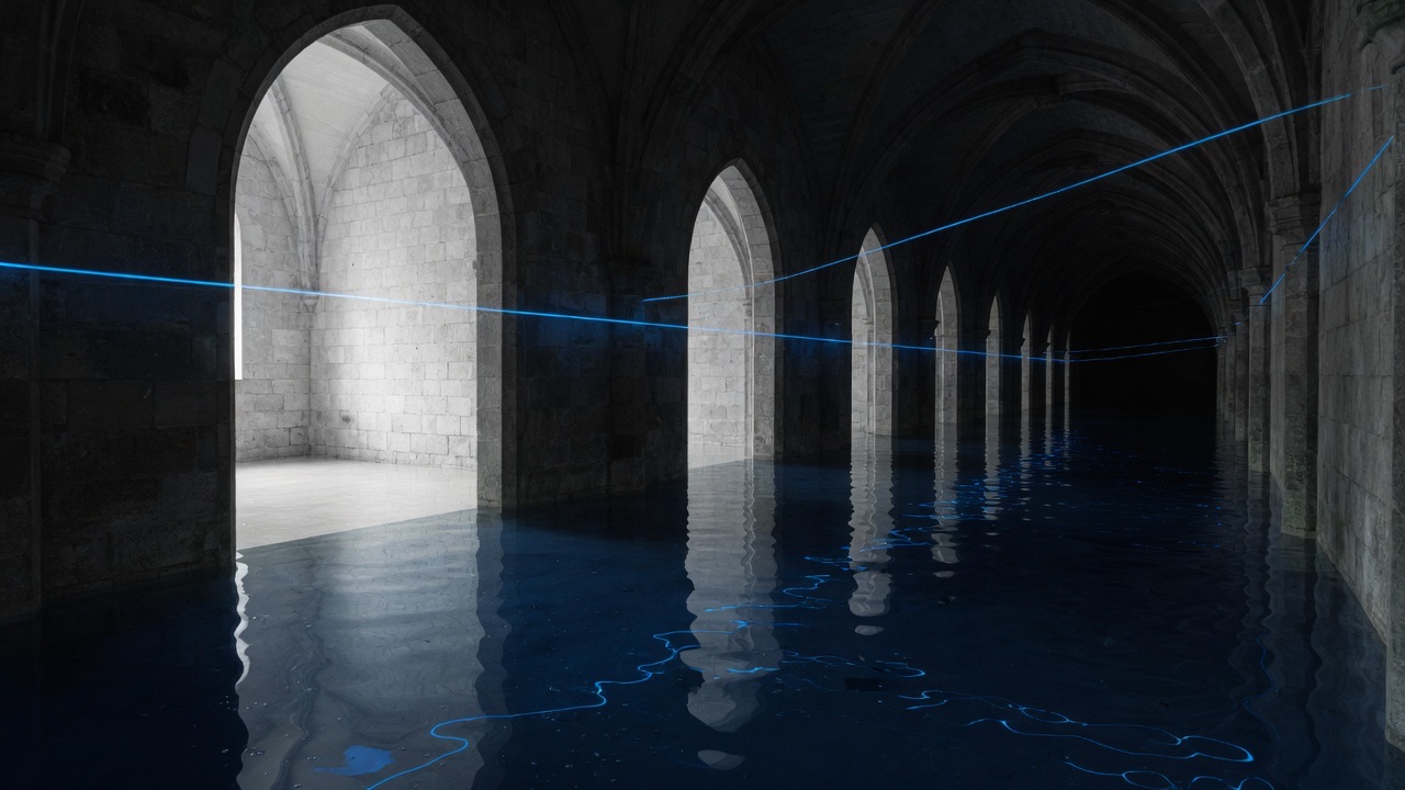 A flooded stone cloister of pointed arches, a thin line of blue light stretched through them above dark water.