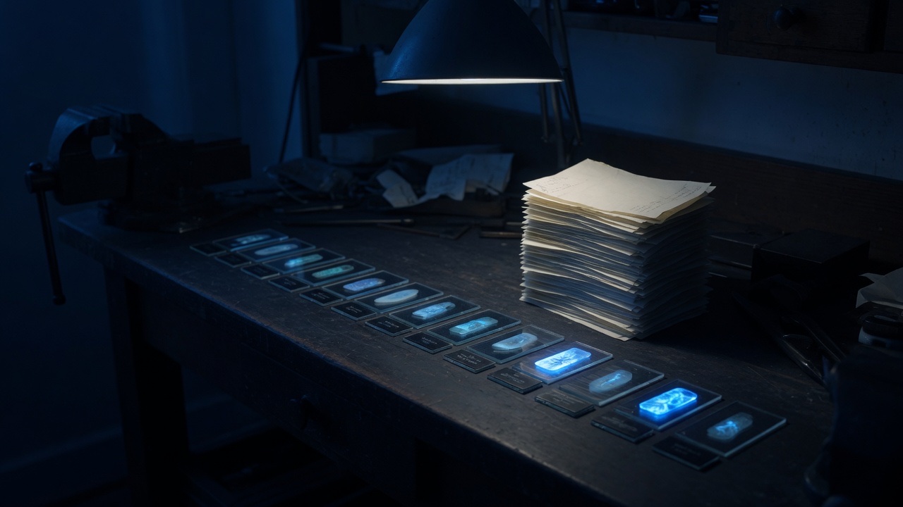 A long dark workbench under a single low lamp, a row of small glass slides each holding one faintly glowing specimen, and a tall stack of blank paper receipts beside them.