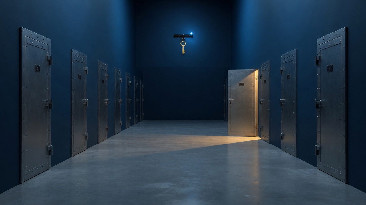 A long dark corridor of identical steel doors, one standing open with warm light spilling out, and a single brass key hanging high on the far wall out of reach.