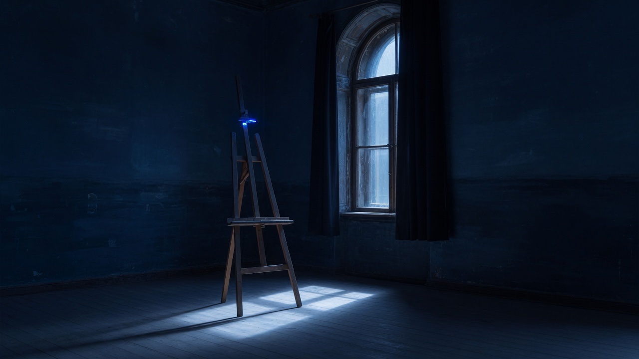 A dark studio with a bare wooden easel standing empty before a tall arched window, one bright rectangle of daylight on the floor where the canvas would be.