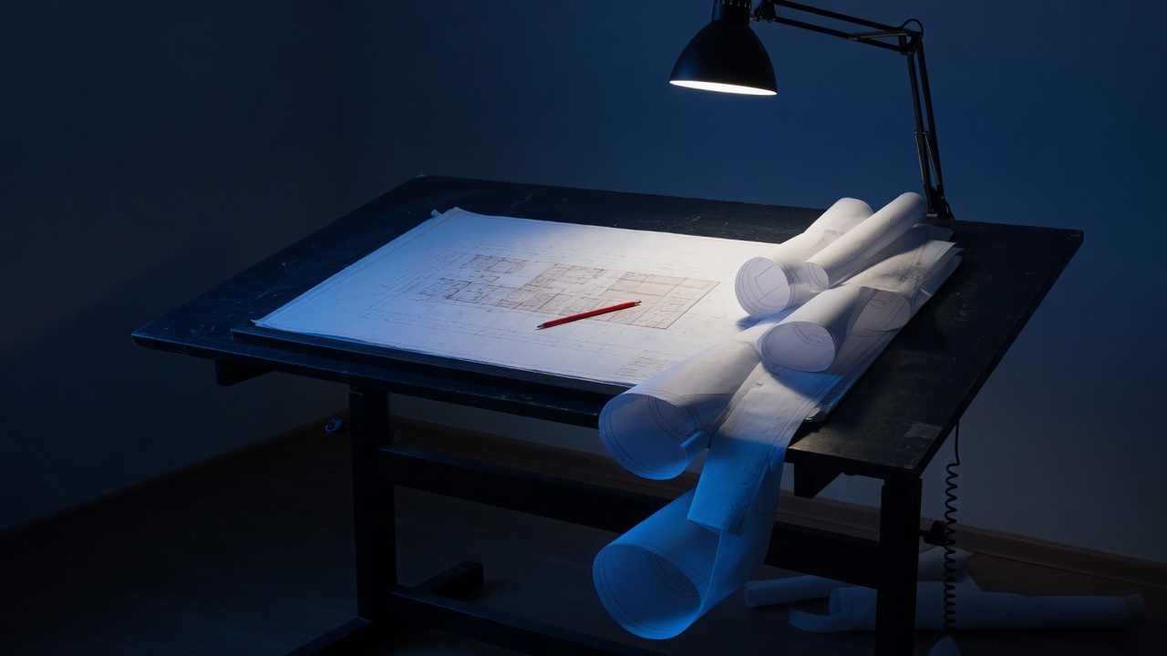 A dark drafting table under one lamp, a plan document running off the table edge and pooling on the floor in coils, a red pencil resting on the first page.
