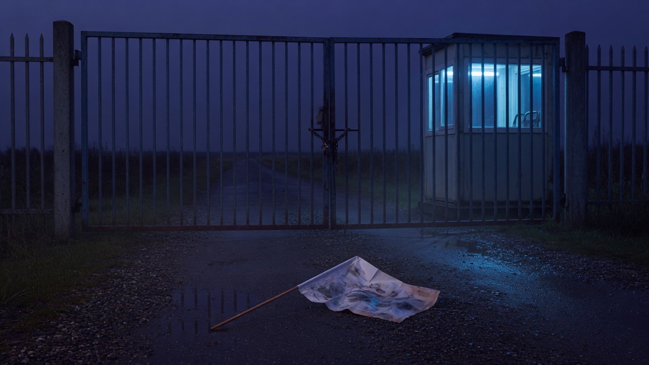 A narrow steel gate on a dark road just before dawn, a small lit guard booth beside it, and a paper flag lying face down on the wet gravel in front of the gate.
