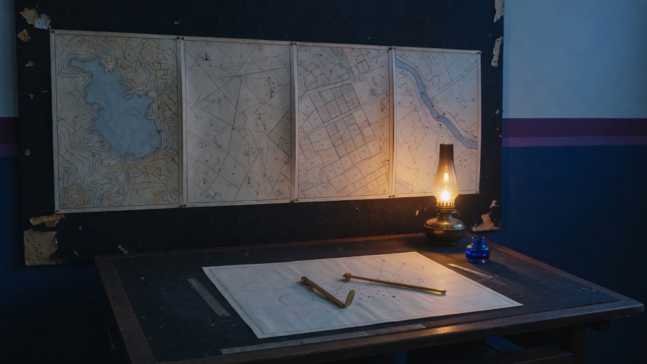 A dark surveyor table at dawn with four hand-drawn site maps pinned side by side on a cork wall, brass dividers resting on an unrolled plan and a single oil lamp lighting the paper.