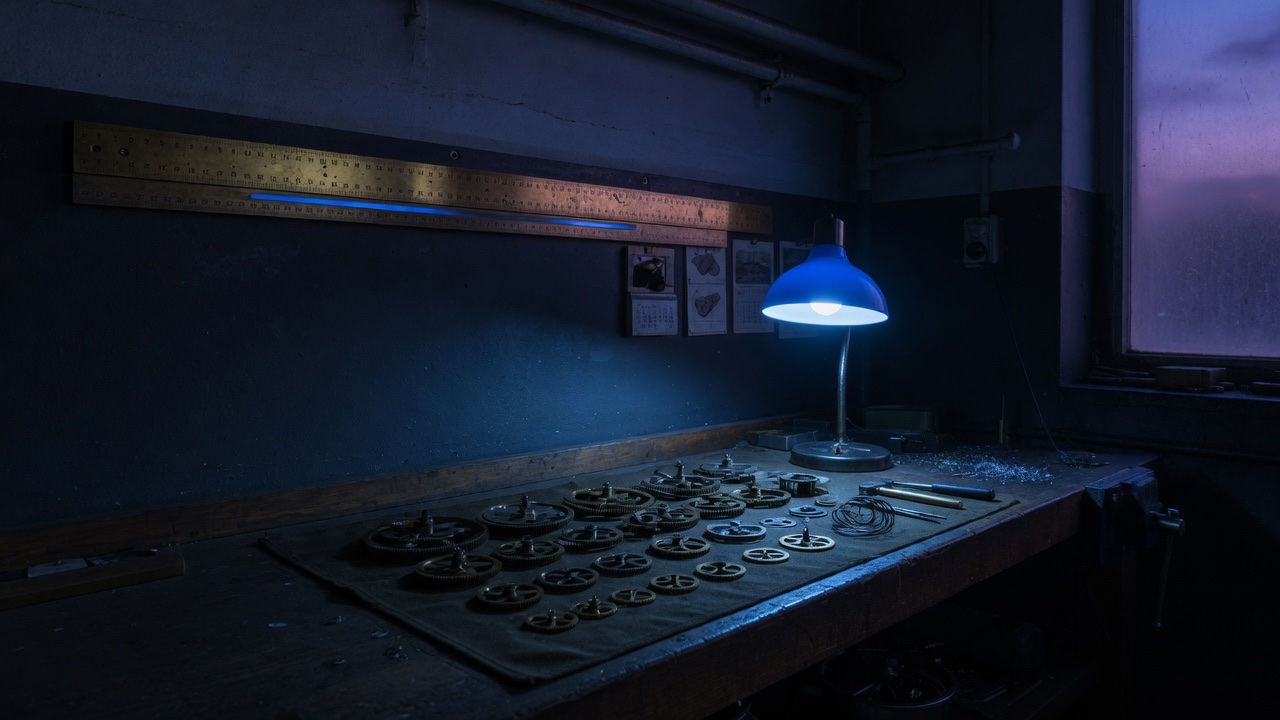A dark machine shop before dawn, one brass ruler fixed to the wall above a dismantled clockwork mechanism, its gears laid out in tidy rows on oiled cloth under a single low work lamp.