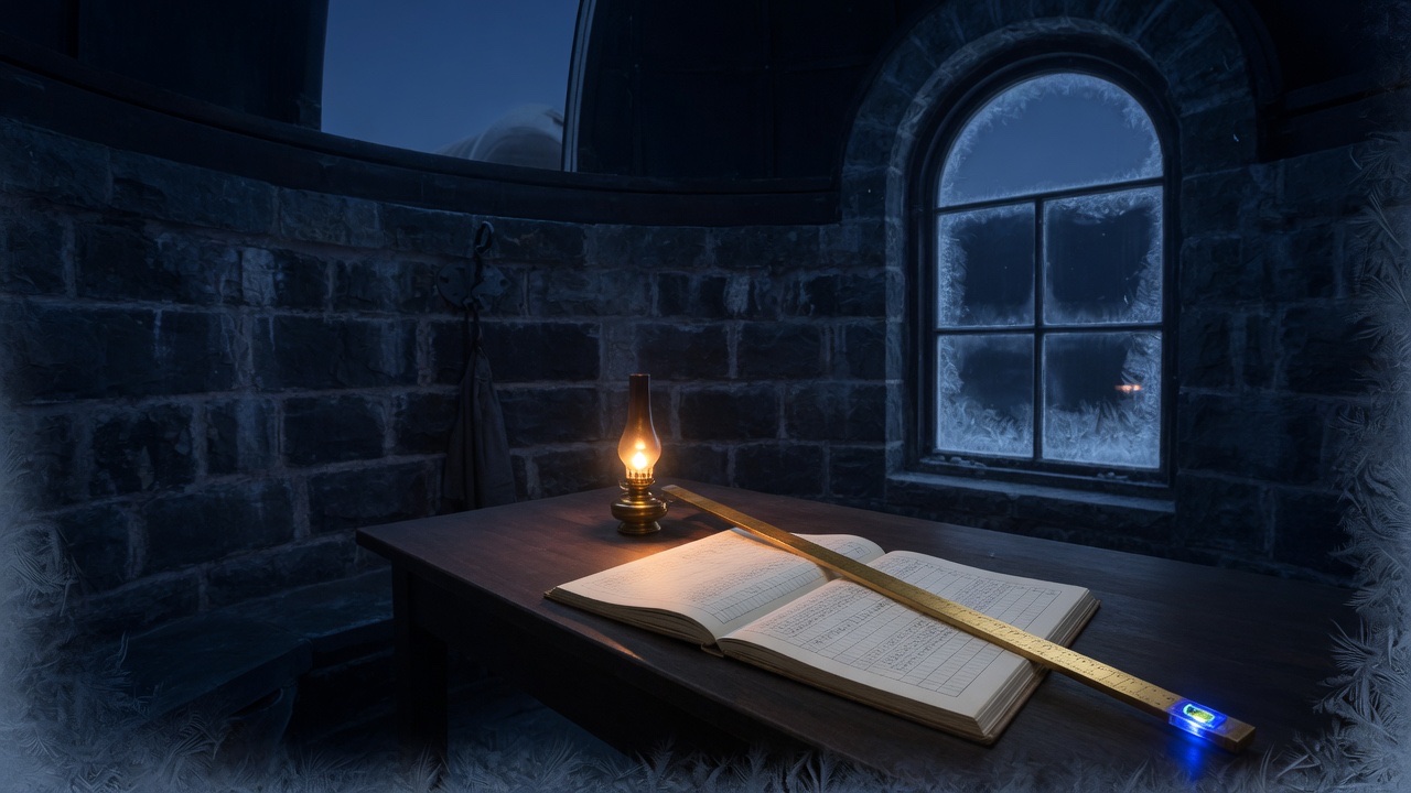 A dim stone observatory at night, a long brass measuring rod laid across an open ledger of ruled columns under one lamp, frost gathering at the edge of the window.