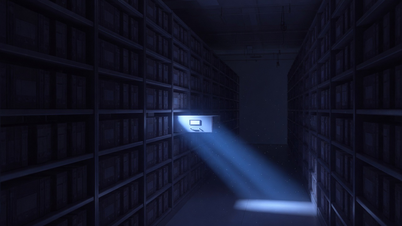 A dark archive aisle of tall shelving stacked with identical boxes, one lit shelf glowing cold blue and throwing a long beam across the floor, dust hanging in the light.