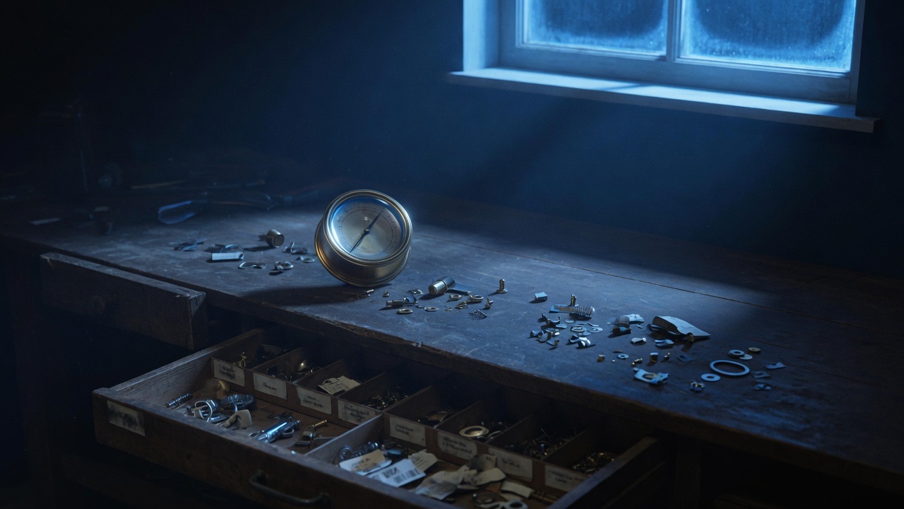 A dim workshop bench at night, a single brass gauge with its needle resting on zero, one open drawer of small labelled parts spilled across the wood, cold blue light from a high window.