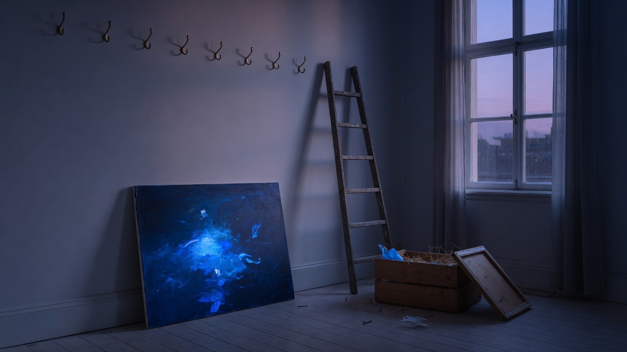 A quiet studio at dusk, bare picture hooks in a row on a pale wall, a wooden ladder and an open shipping crate on the floor, one canvas leaning face-out against the skirting board, cool grey light from a tall window.