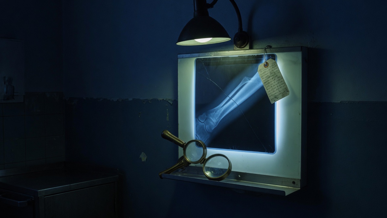 A dark examination room with a single radiograph held up on a backlit glass plate, one hairline crack running across it, a paper tag tied to the corner and a brass magnifier resting on the ledge below.