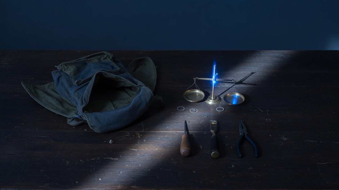 A dark workbench at night with an emptied canvas rucksack lying open beside a brass balance scale holding no weights, three hand tools in a neat row and one pale shaft of light across the wood.
