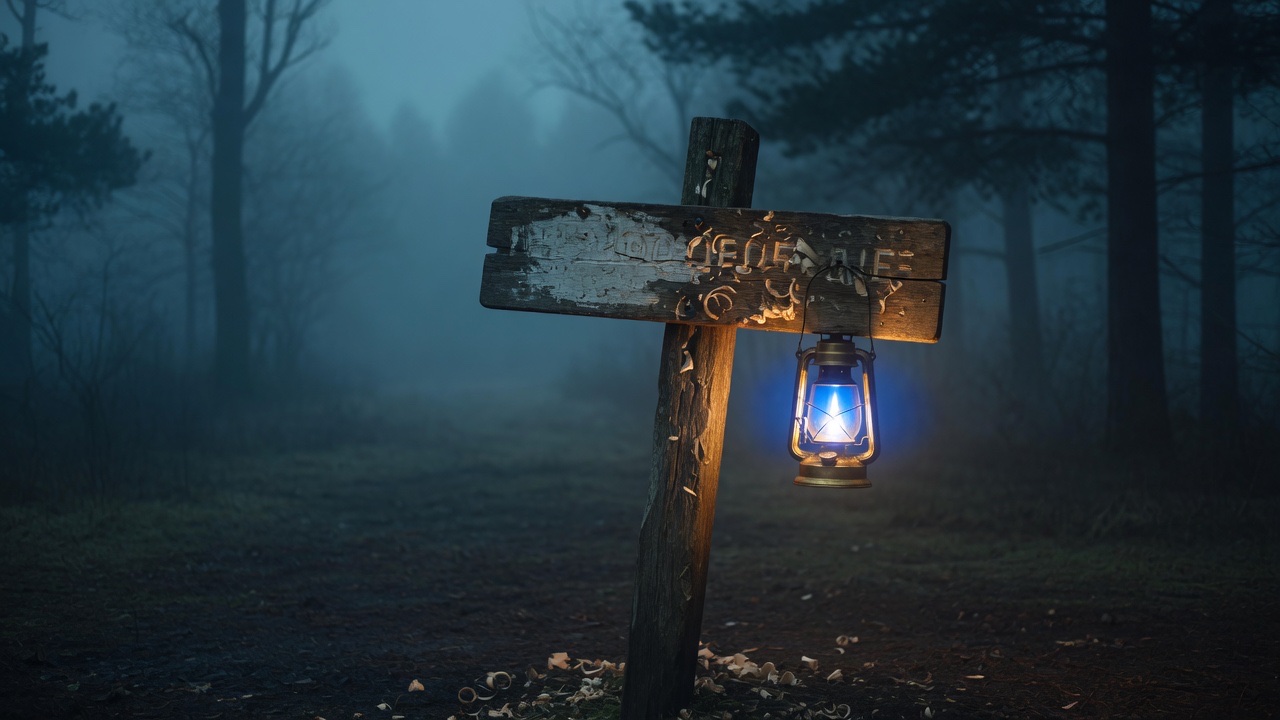 A weathered wooden signpost in a fog-filled forest, its painted name almost worn away, a lantern hanging from the arm and throwing warm light onto letters being carved fresh.